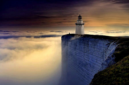 The Cliff - stormy sky, lighthouse, clouds, cliff