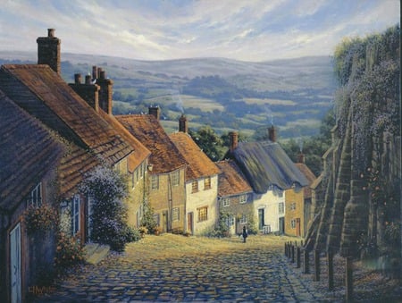 Home to Gold Hill - cobblestones, hill, sky, houses, lady, hills, chimneys, roof, flowers