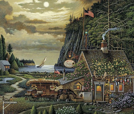 Moonlight Passage - moon, mountain, sidewalk, smoke, water, flag, horse, wagon, step, house, flowers, pine trees, boat, signs