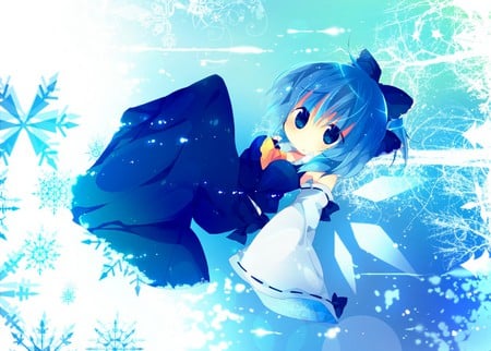 Cirno - short hair, ice, touhou, cirno, blue hair, wings, ribbon, blue eyes