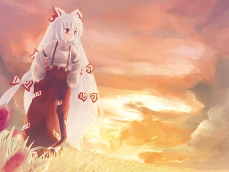 Mokou in the Sunset - red eyes, mokou, touhou, bow, ribbon, fujiwara no mokou, white hair