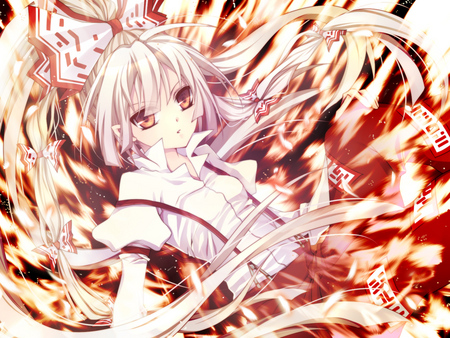 Mokou - red eyes, mokou, touhou, ribbons, long hair, fire, fujiwara no mokou, white hair