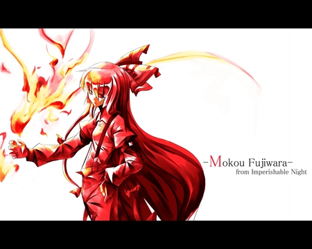 Mokou - mokou, touhou, fire, long hair, fujiwara no mokou, red eyes, ribbons, white hair