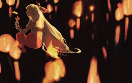 Mokou Candle - red eyes, mokou, touhou, ribbons, long hair, fire, fujiwara no mokou, white hair