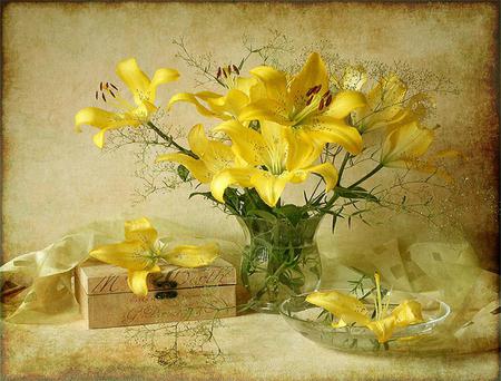 Memories - yellow, box, beautiful, flowers, vase, lillies