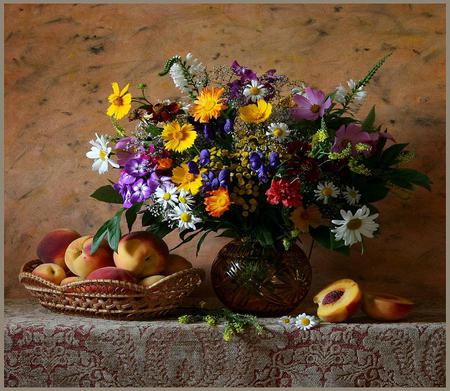 Wildflowers and fruit - peaches, beautiful, flowers, basket, fruit, vase