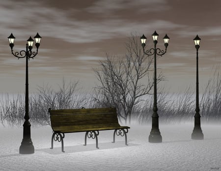 Cold Night - winter, fog, cold, bench, night, lantern