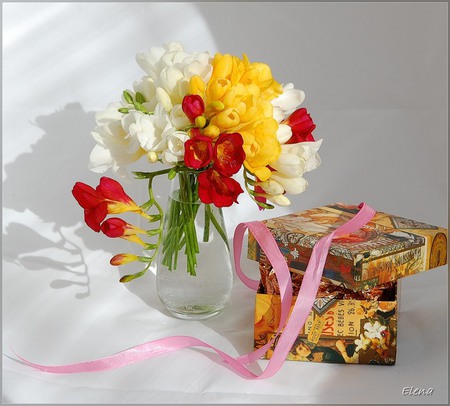 still life - photography, still life, cup, white, flower bouquet, box, yellow, beautiful, red, flowers, ribbon