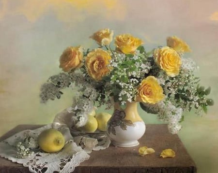 ............. Yellow flower.............. - white, brown, yellow, lemmon, fruits, towel, table, vase