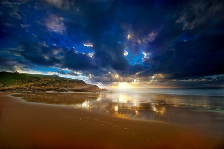 A new dawn - clouds, water, brillance, ocean, light, sand, daw