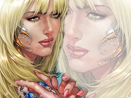 Reflection - comic, lady, green eyes, beautiful, blonde