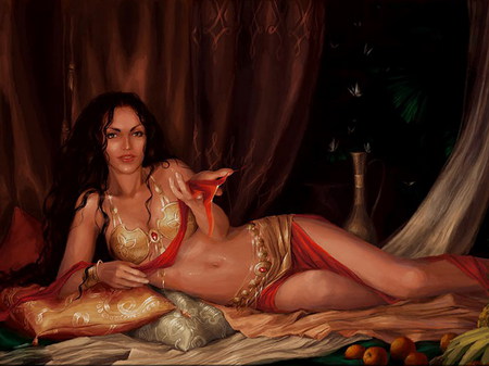 Harem Woman - pretty, skin, people, female, legs, long hair, oriental, red, exotic, face, brunette, art, women, odalisque, abstract, paint, silk, beautiful, girl, figure, harem, orient, gold, 3d cg, body, girls, black, fantasy, woman, wallpaper