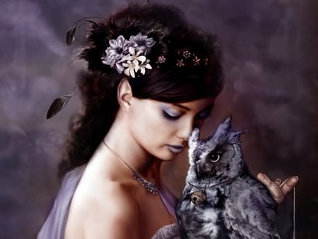 My Sweet Owl - pretty, birds, female, serene, shoulders, flowers, exotic, face, brunette, women, abstract, feminine, body, girls, owl, grey, feathers, wallpaper, skin, people, long hair, purple, art, sky, clouds, paint, silk, beautiful, figure, girl, 3d cg, black, fantasy, soft, woman