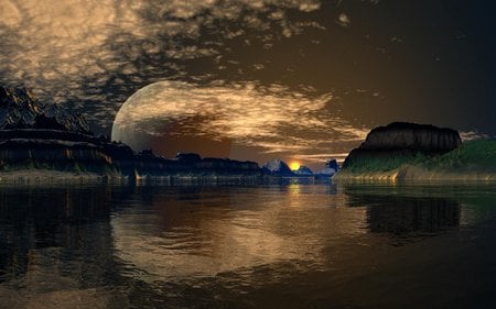 BIG MOON LAKE - rising, moon, lake, reflection, big, planet