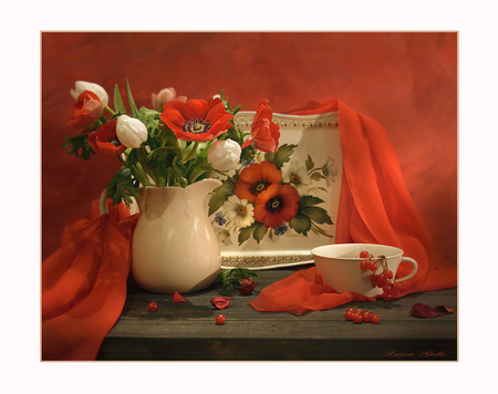 still life - beauty, photography, tulips, still life, vase, white, flower bouquet, red, jug, flowers, poppies, harmony