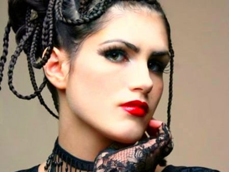 Woman of Mystery - woman, face, hand, red lipstick, braids, gloves