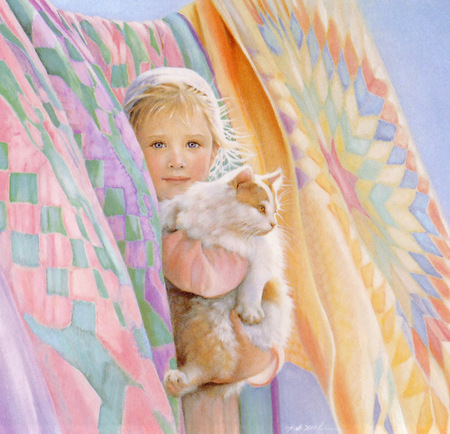 summer colors - quilts, girl, amosh, kitten