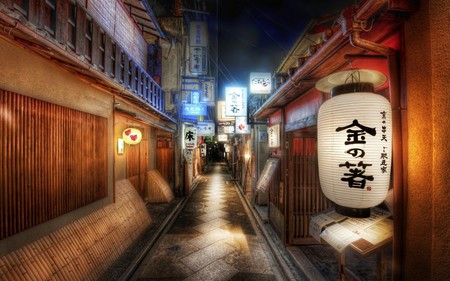 Pathway at Night - alley, lights, lanterns, china, night, buildings