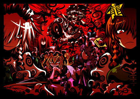 Don't mess with the Scarlet Mansion - remilia scarlet, scary, wings, koakuma, red moon, evil, vampire, book, red eyes, touhou, flandre, hong meiling, remilia, flandre scarlet, patchouli knowledge, bat wings, sakuya, sakuya izayoi, devil, meiling, smile, patchouli, grin