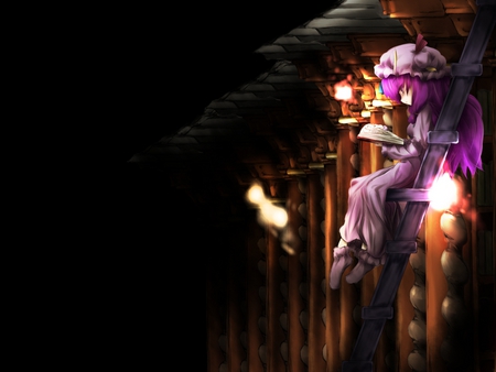 Lonely Patchy - book, reading, darkness, long hair, shadow, purple eyes, patchouli knowledge, touhou, fire, ladder, purple hair, patchouli