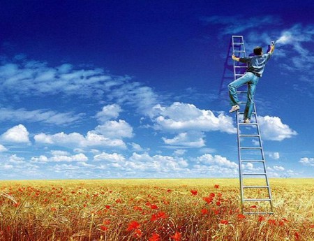 The weather man - ladder, wild flowers, man, clouds, field, change