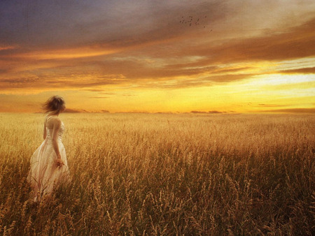 Lost in her dreams - girl, landscape, beauty, sky