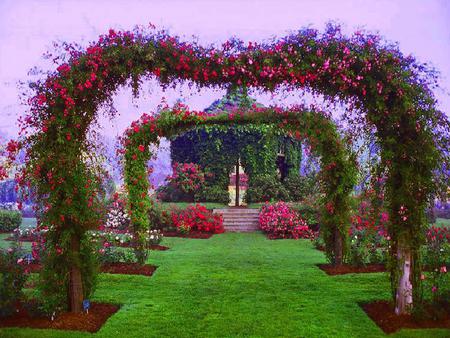 Pink Arches - arches, vines, bushes, grass, pink, steps, flowers, garden, plants