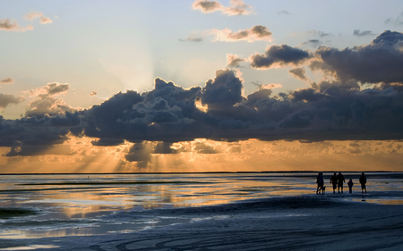 North Sea Lights - calm, sky, ocean, beach, people, clouds, sunset