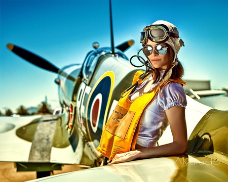 Spitfire Girl - pilot, aircraft, girl, vintage, airfield, military