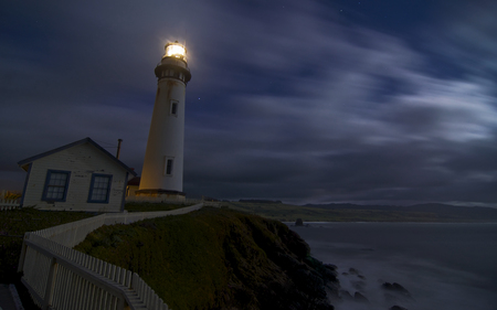 Lighthouse Noir - calm, clouds, coast, lighthouse, beach, night, ocean, fence, working, rocky