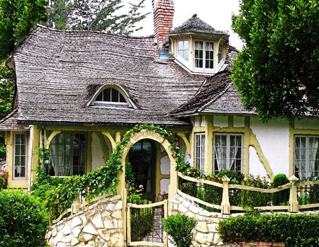 Little cottage in the woods - flowers, trees, vines, archway, rock, yellow trim, cottage