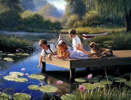 A  TIME TO PLAY - dog, children, lilypad, pond