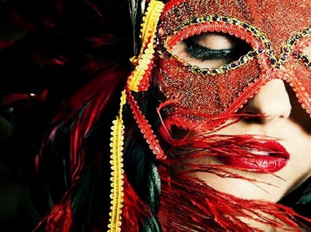 Red mask - gold decoration, red lips, woman, red mask