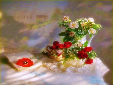 A book and flowers - roses, red, lace, table, flowers, book, poppies