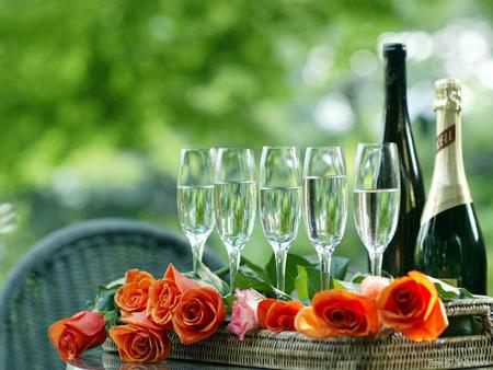 Roses  and wine - table, chair, wine, roses