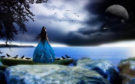 Lost without you - woman, sky, beautiful sky, trees, water, blue sky, crows, fantasy, rocks, lost, amazing, dark, clouds, rock, tree, birds, moon, ocean, landscape, girl, sad, nature, crow, cloudy, 3d, blue, beautiful, sea, dress