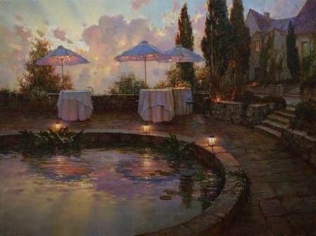 outside dining - tables, night, umbrellas, pool