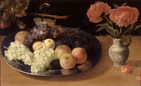 Feast For The Eyes - pink peonies, platter, painting, plums, grapes, still life, apples, vase