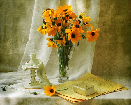 still life - statue, glass, souvenir, photography, bouquet, still life, book, beautiful, flowers, flower