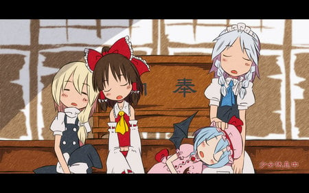 cute sleepy Touhous - izayoi sakuya, touhou, cute, sakuya, reimu, remilia scarlet, kirisame marisa, sleeping, hakurei reimu, marisa, remilia