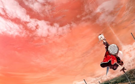 Momiji - clouds, geta, momiji, horizon, inubashiri momiji, sword, touhou, panorama, shield, sky