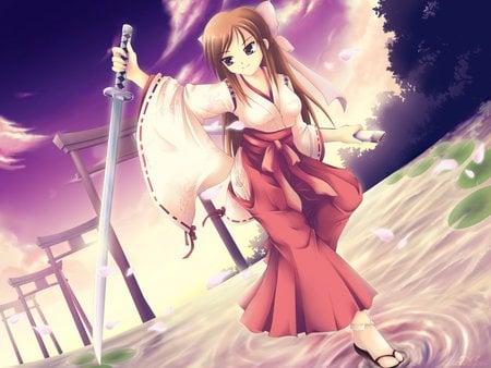 Anime Girl - lake, girl, water, anime, sword