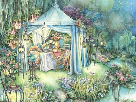 Dinner Under the Stars - tent, trees, statue, chairs, floral arrangement, hanging lights, table, lily pads, pond