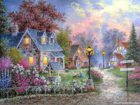 Small Village - sky, fence, houses, trees, people, well, cobblestone, lamp posts, children, flowers