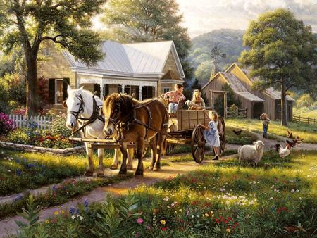 Day of the  fair - horses, trees, wagon, animals, house, flowers