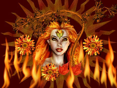 Firegirl - fire, flower, orange, girl, nature