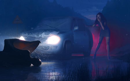 Unusual Event - creature, car, woman, road, scene, accident