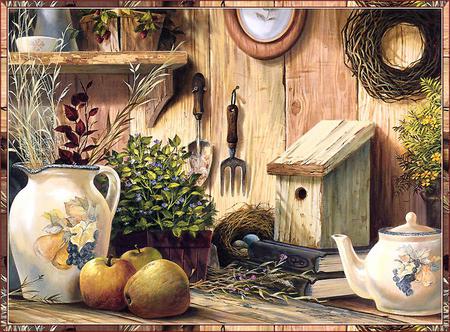 Country Storage - apples, plants, cup, bird house, pitcher, tea pot, table, shelf, books, garden tools