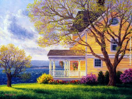 country home - house, flowers, porch, ocean