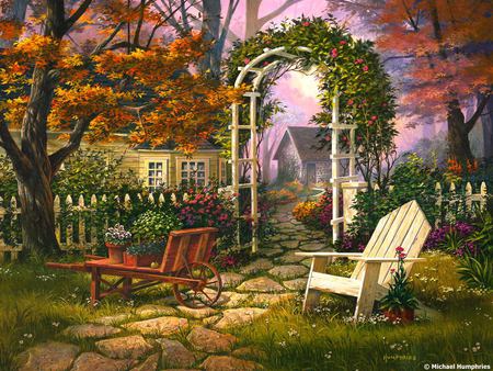 Blessings of country - arch, fence, chair, wheelbarrow